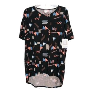 NWT LuLaroe Irma Tunic Black Coral Blue Geometric Design Oversized  Size XS